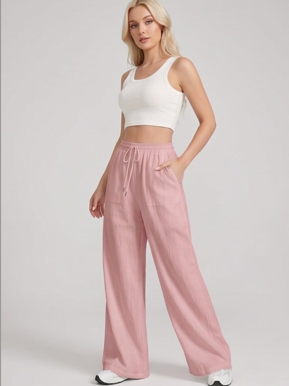 100% Cotton Drawstring Waist Wide Leg Pants Pink - Picture 2 of 5